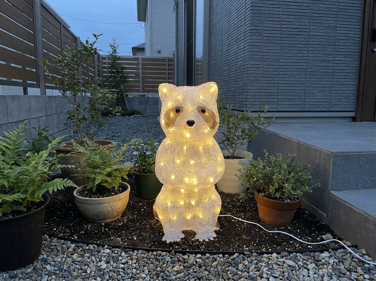 夕暮れの庭の片隅で優しく光る、可愛らしいアライグマのモチーフライト。