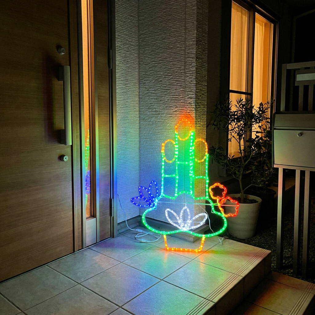 現代的な住宅の玄関先に置かれた門松のLEDチューブライトモチーフ