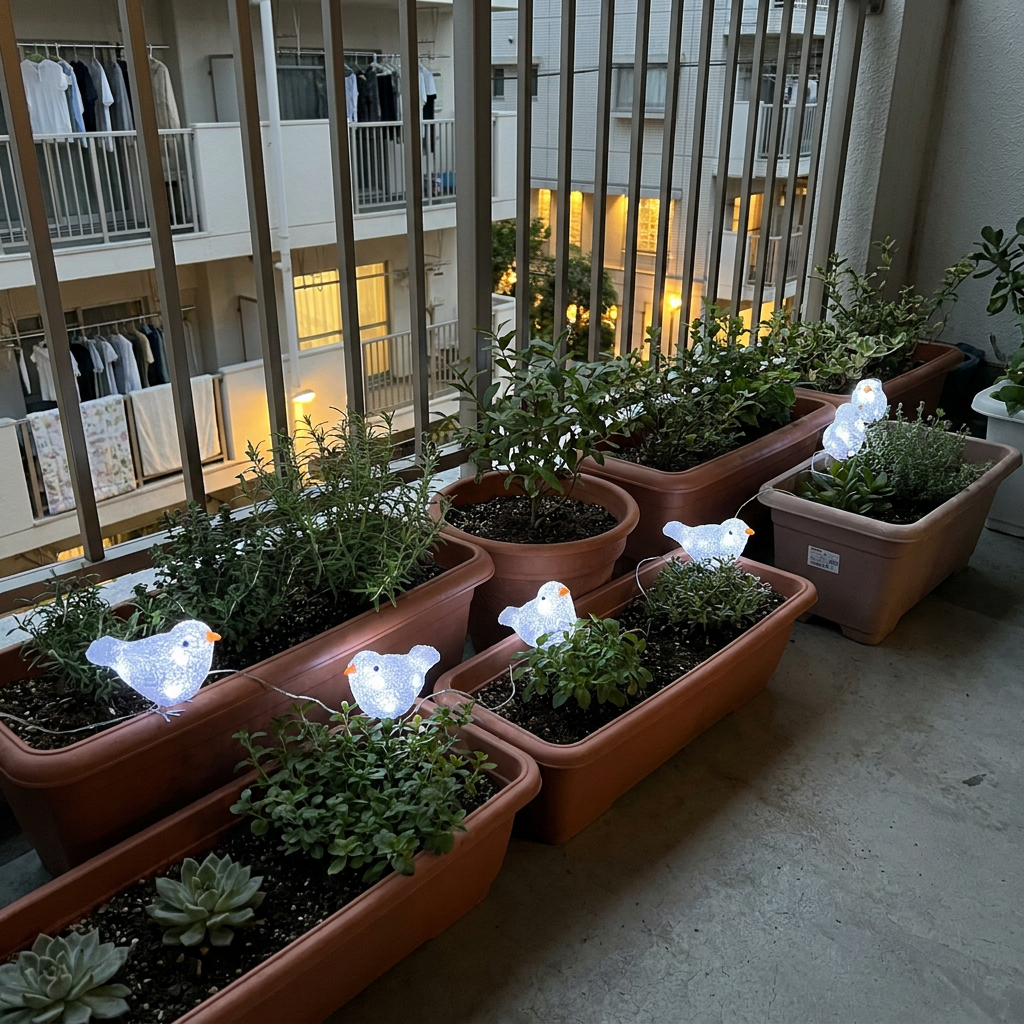 夕暮れのベランダの植木鉢のそばで光る小鳥のモチーフライト