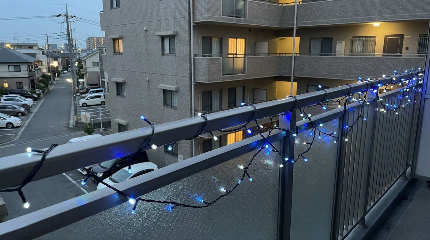マンションのベランダの手すりに設置された青色のフラッシュストレートライト。