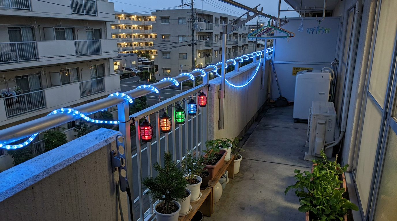 マンションのベランダの手すりに飾られたカラフルなランタンライト5連