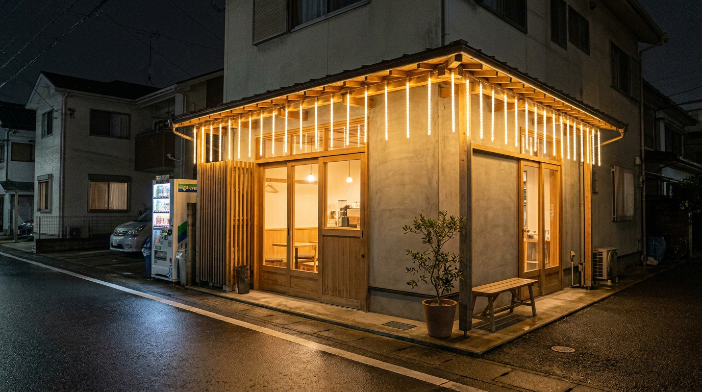 夜のカフェの軒先に設置された電球色のチューブライトが温かい雰囲気を演出している