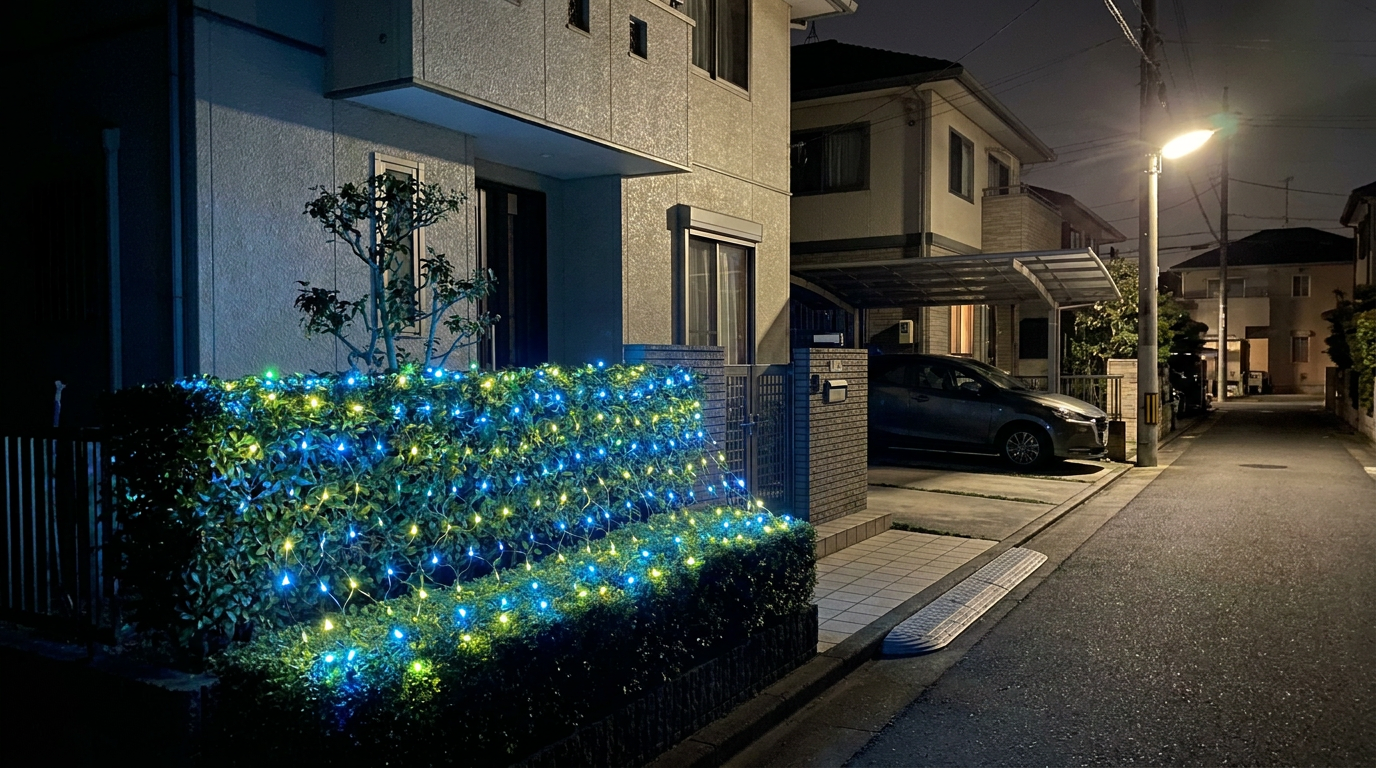 一戸建ての生け垣に被せられた青と黄緑のミルキーウェイネットライトが、夜間に点灯している様子。
