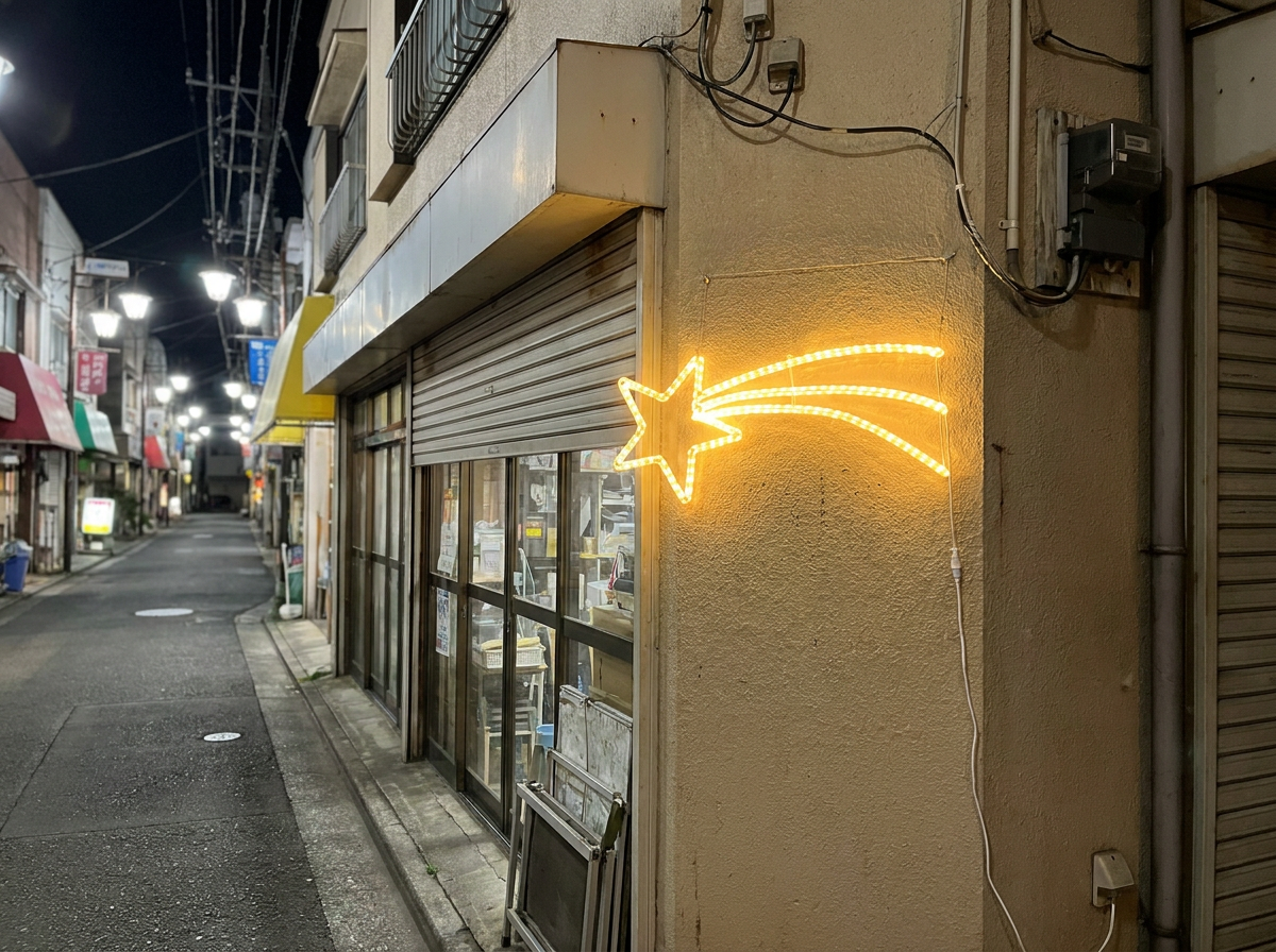 店舗の壁に取り付けられた流れ星のLEDチューブライトモチーフ