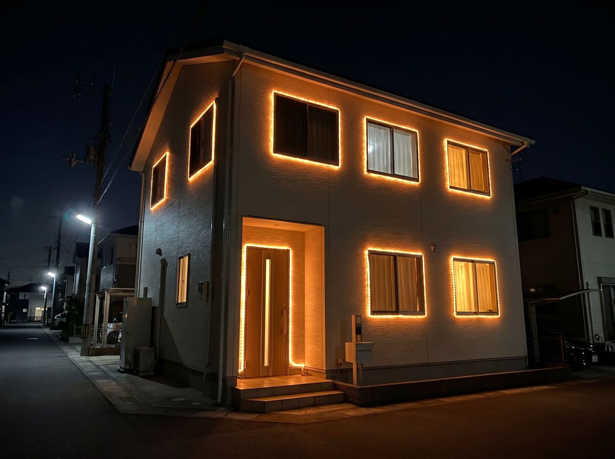 住宅の窓枠や戸口を電球色のチューブライトで縁取りした夜のライトアップ