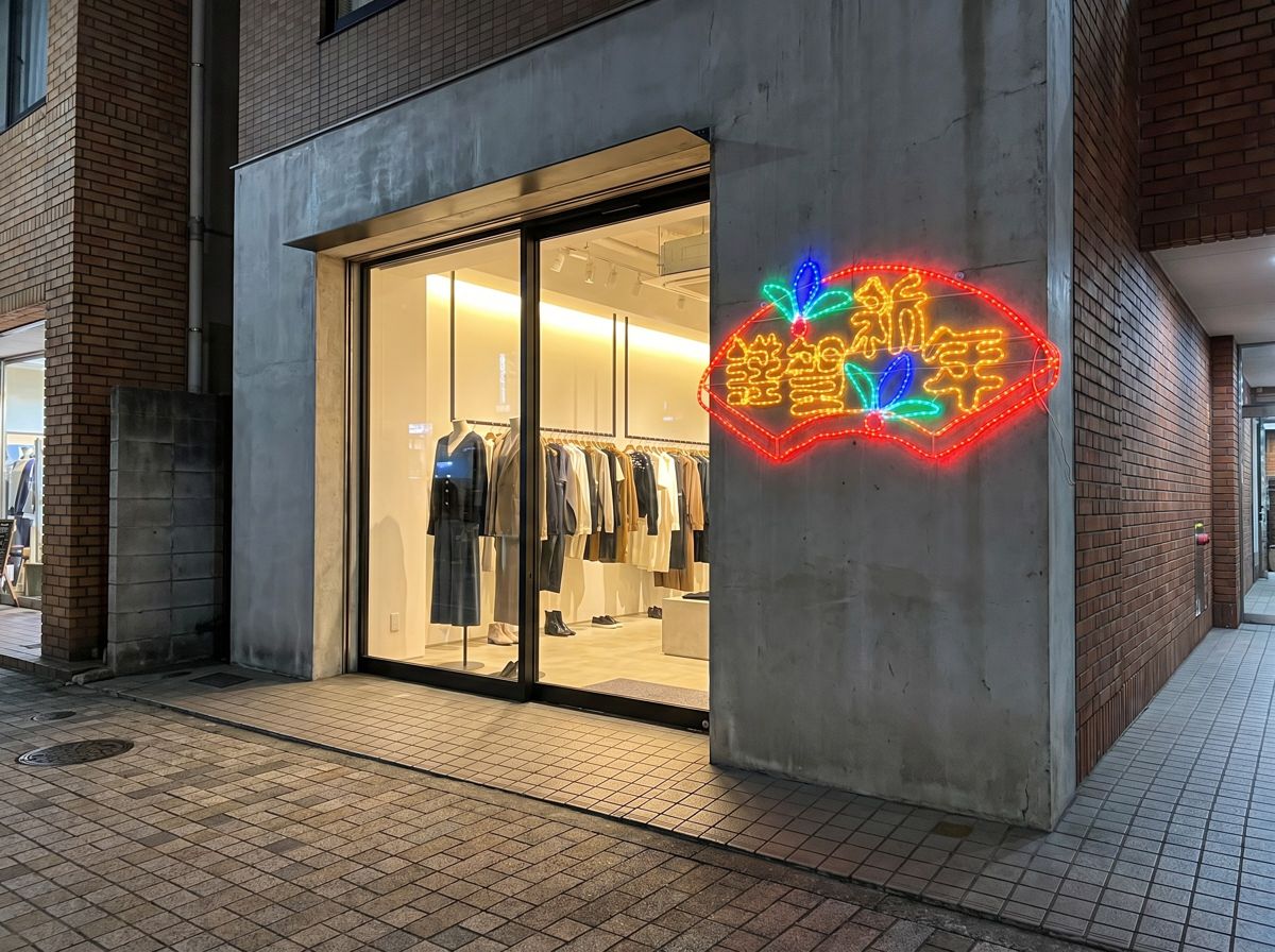 夜、おしゃれなブティックのガラス張りの入り口横に飾られた「謹賀新年」の文字をかたどったLEDライト。