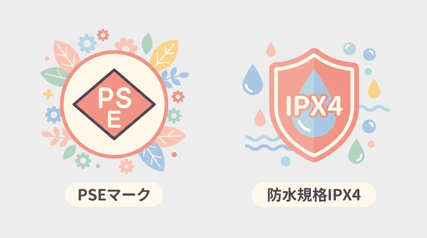 PSEマークと防水規格IPX4のアイコンを示した図解。
