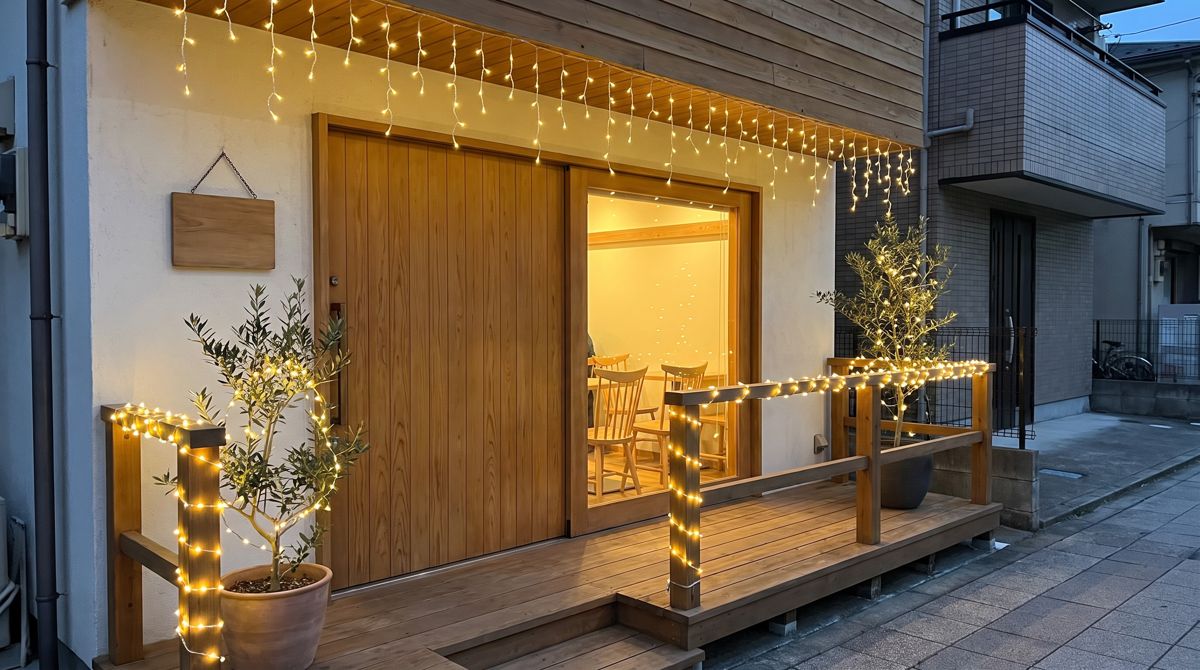 夕暮れの小さなカフェの店先。テラスの手すりとひさしに電球色のストレートライトとつららライトを付け、窓の中は温かい明かりがともっている