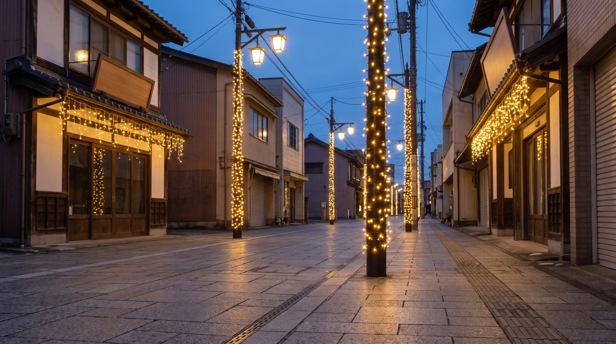 夕暮れの商店街の通り。街路灯のポールに電球色のストレートライトを巻き、店先の軒にはつららライトを下げて点灯している