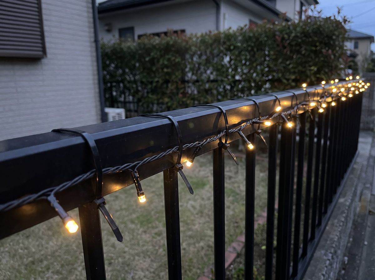 金属のフェンスに電球色のストレートライトを沿わせ、黒い結束バンドで等間隔に固定している近接写真