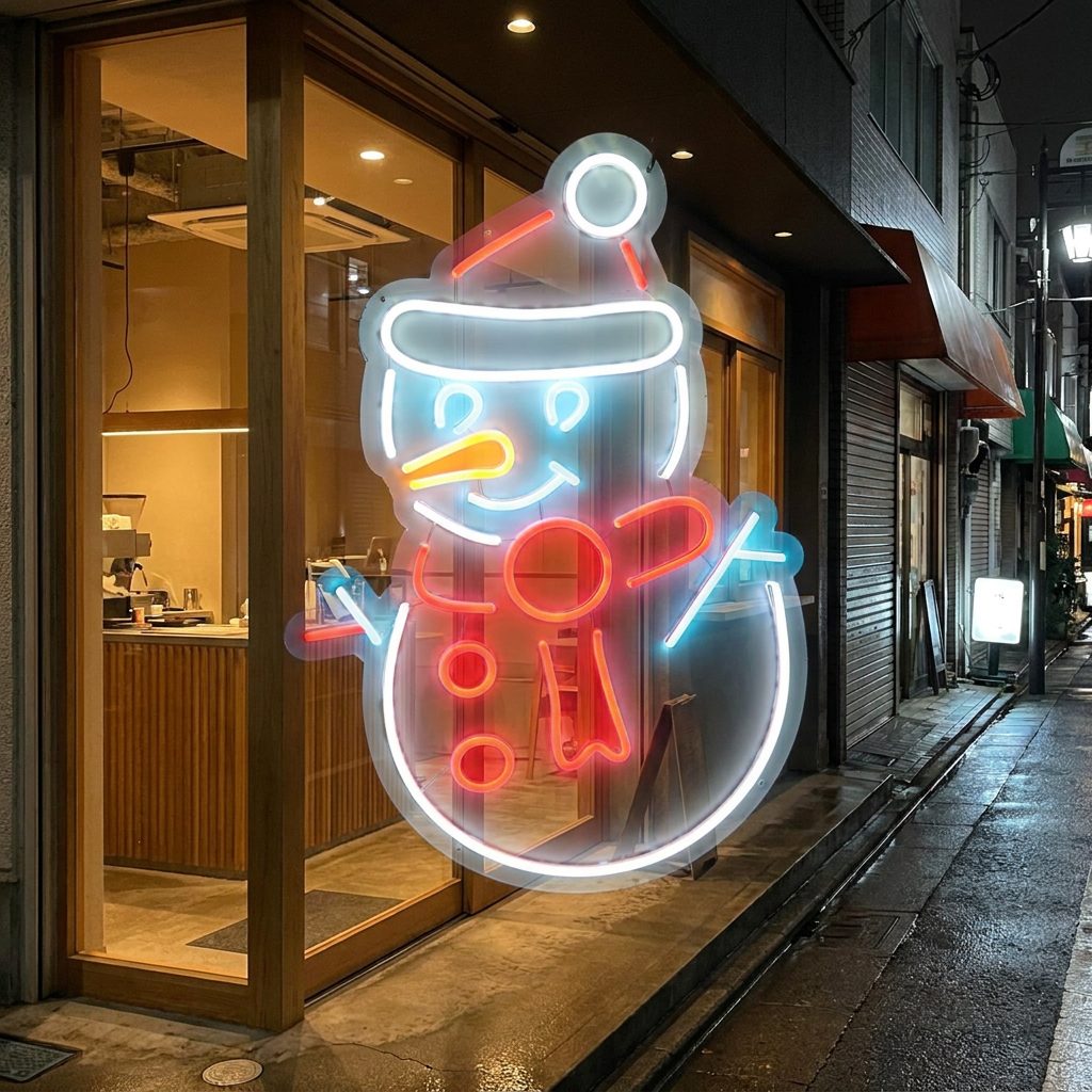 夜のカフェの店先で明るく光る、モダンなデザインのネオンスノーマンのイルミネーション。