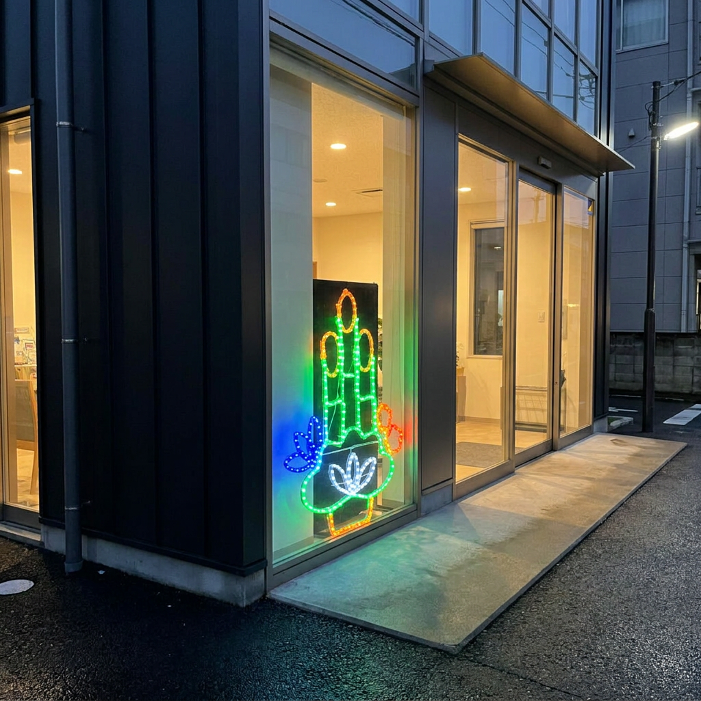 現代的な商業ビルのエントランス横に置かれた、点灯中の門松型LEDチューブライト
