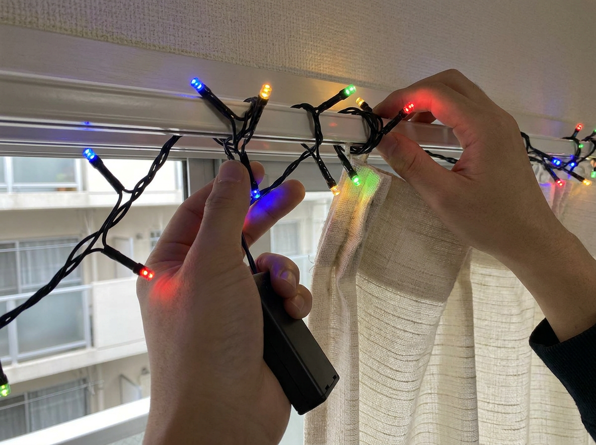 室内用ストレートライトをカーテンレールに取り付けている様子。