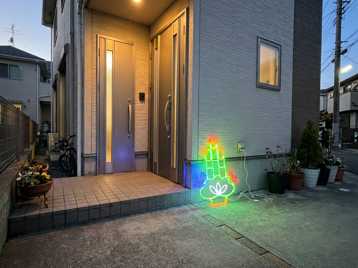 夕暮れの一般家庭の玄関横に置かれ、点灯している門松デザインのLEDチューブライト