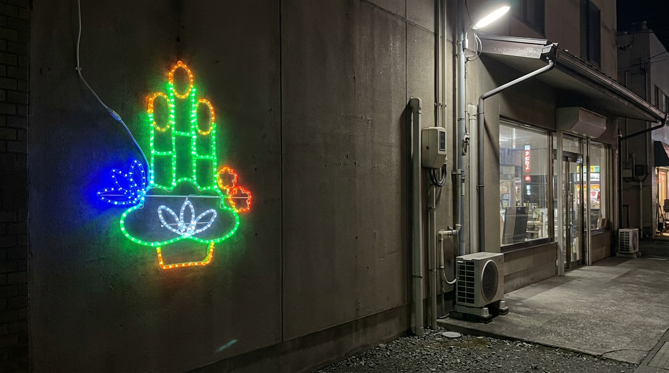 夜、商業ビルの壁面に設置された「謹賀新年」の文字が明るく光るLEDモチーフライト