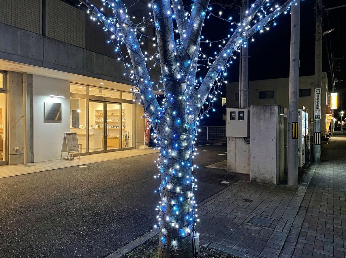 店舗前の植木に巻き付けられた白と青のミルキーウェイストレートライト。