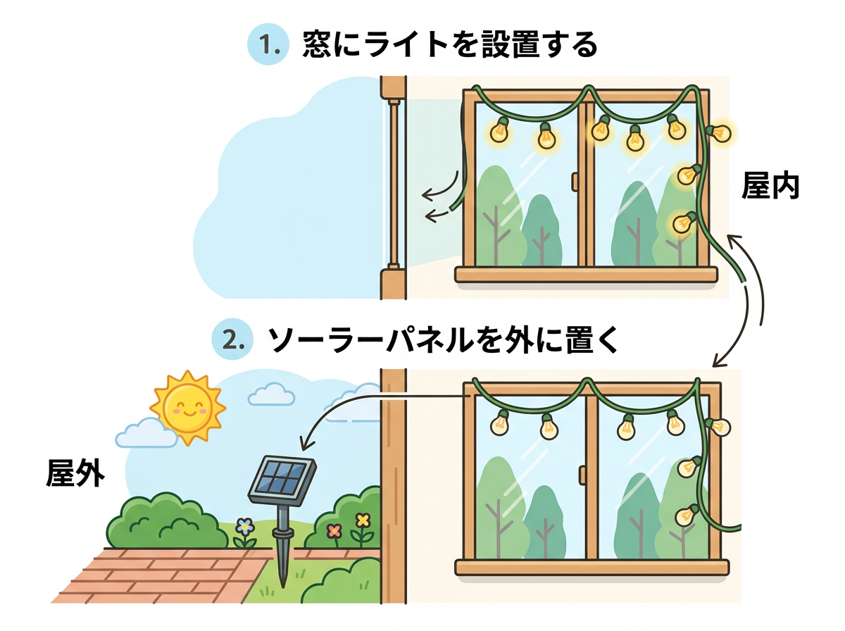 ライト本体とソーラーパネルを分離して、パネルを日当たりの良い場所に設置する工夫の図解