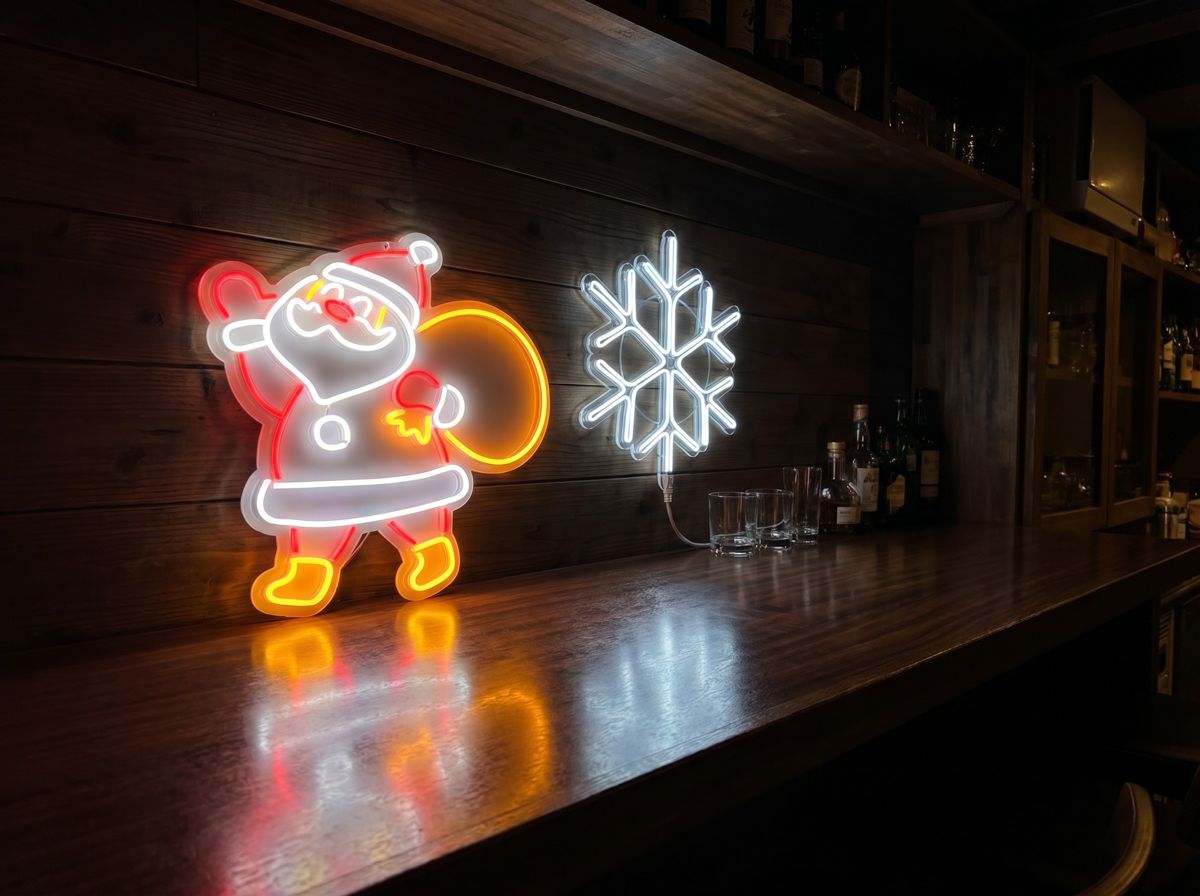 ネオンライトサンタとスノーフレークを店舗の壁面に飾ったイメージ