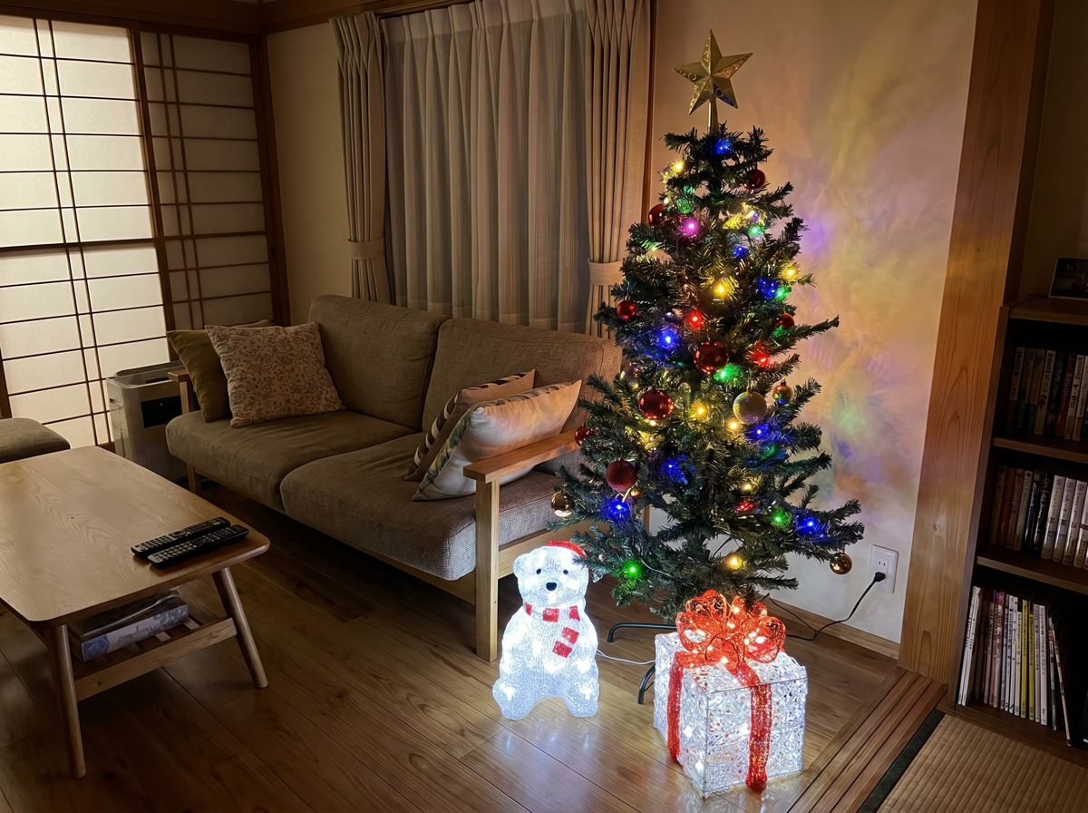 クリスマスツリー120cmとベアライト・ギフトボックスライトを飾ったイメージ