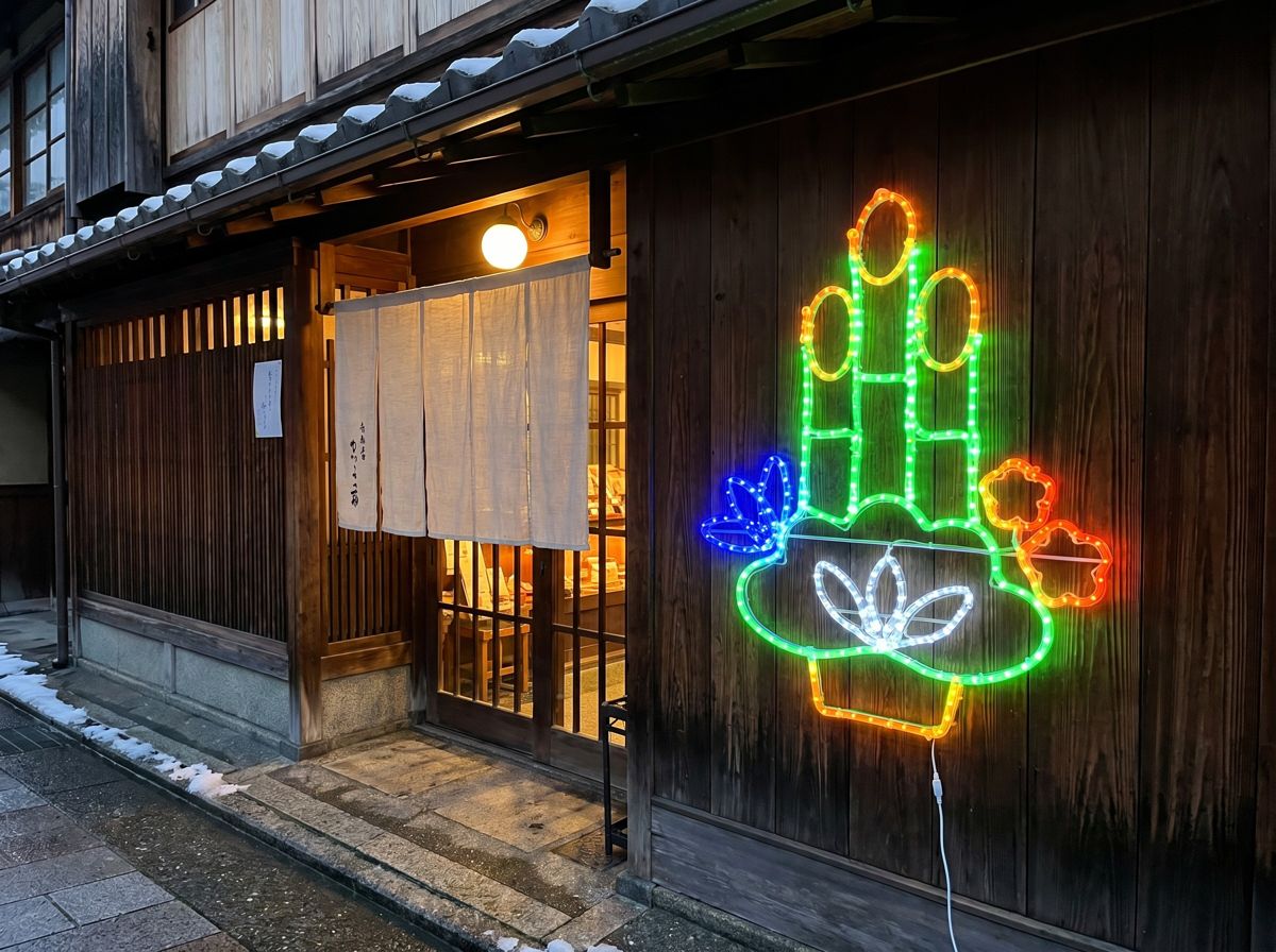 門松モチーフライトを店舗入口の壁面に設置したイメージ
