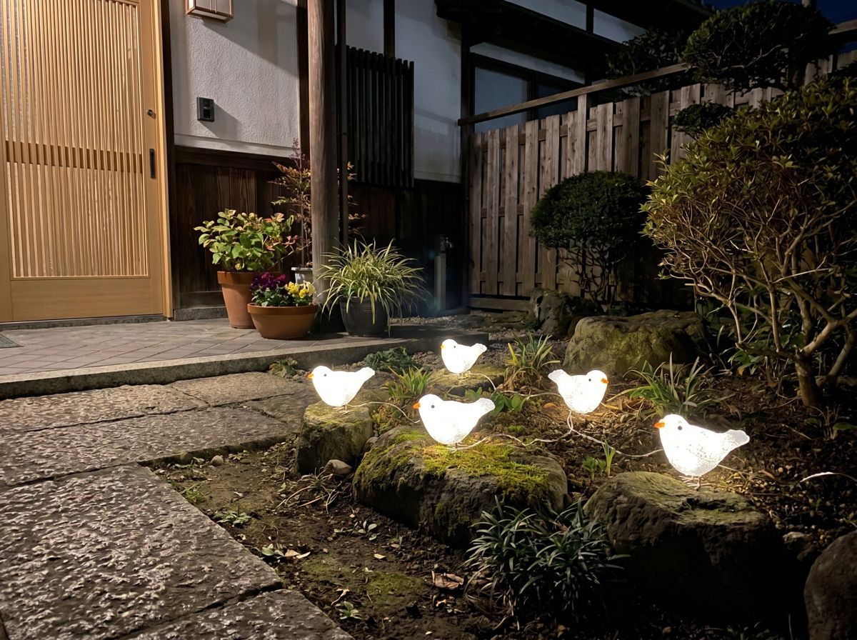 小鳥の3Dモチーフライトを庭先に設置したイメージ