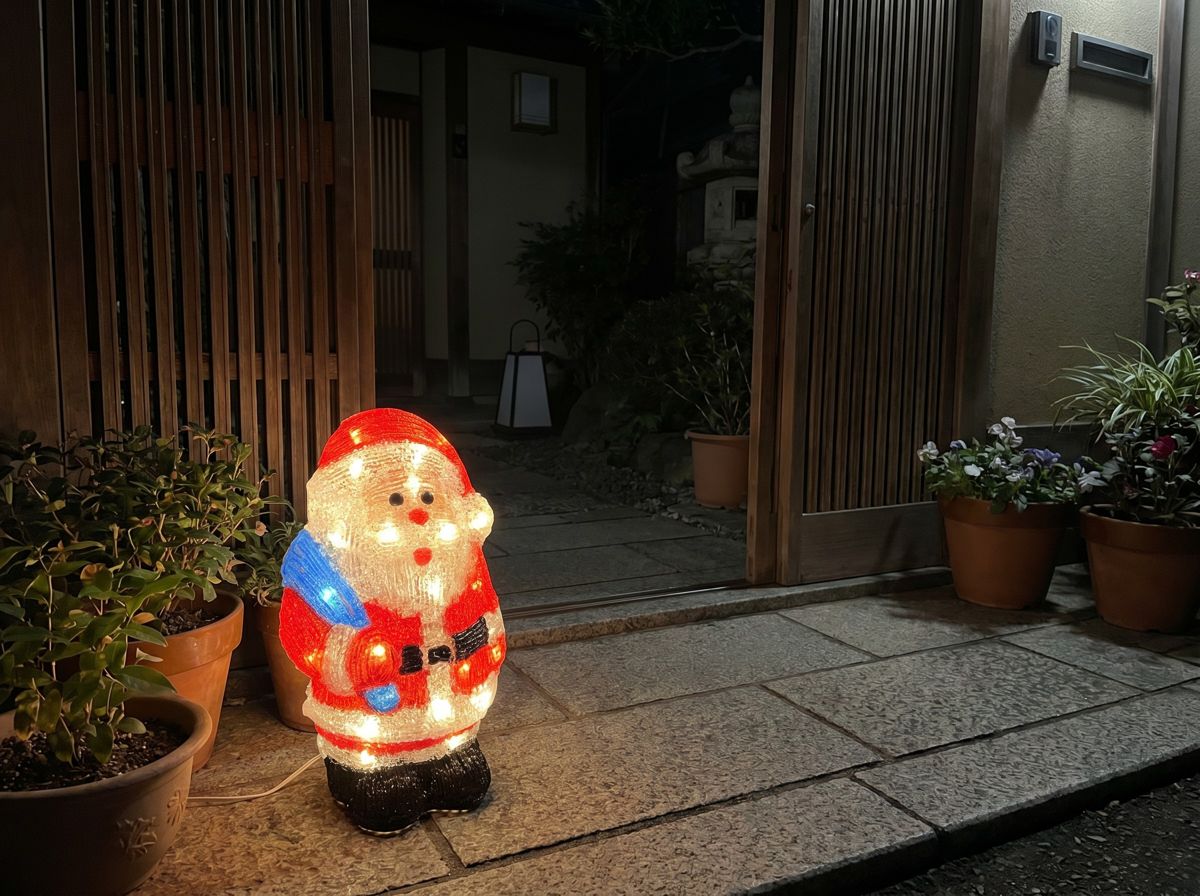 リトルサンタの3Dモチーフライトを玄関先に設置したイメージ