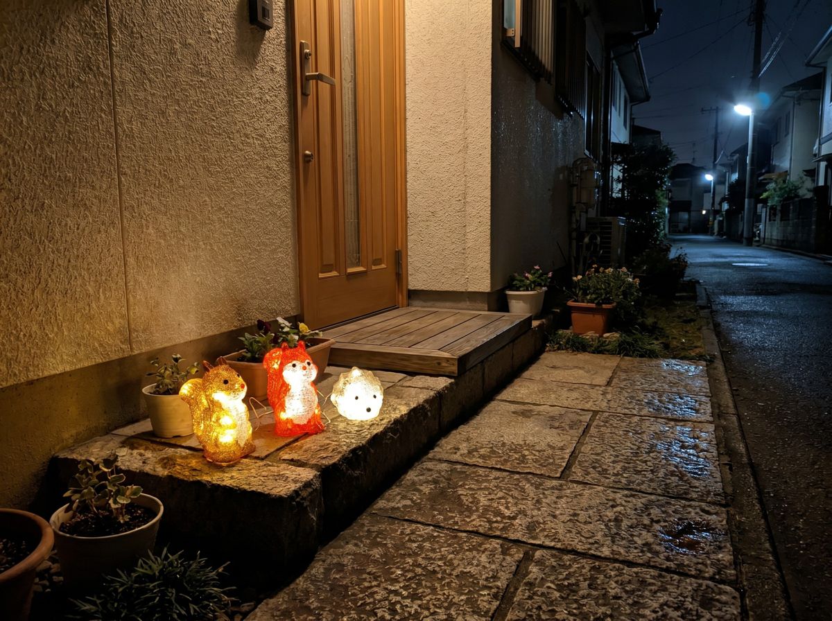リス＆ハリネズミの3Dモチーフライトを植え込みに設置したイメージ