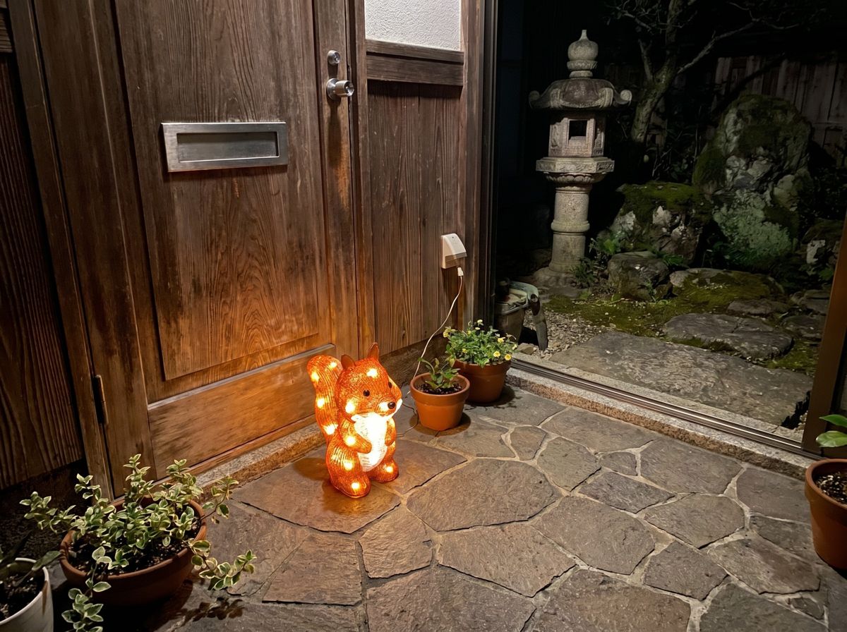 リスの3Dモチーフライトを庭先に設置したイメージ