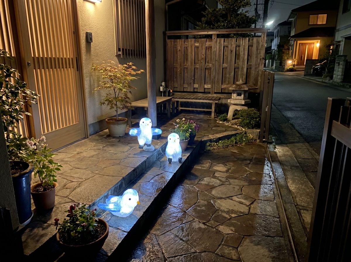 スリーペンギン立体モチーフライトを玄関先に設置したイメージ