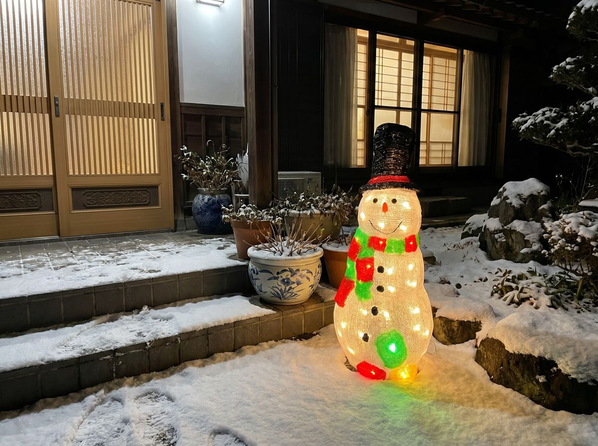 カラフルスノーマン 3Dモチーフライトを玄関先に設置したイメージ