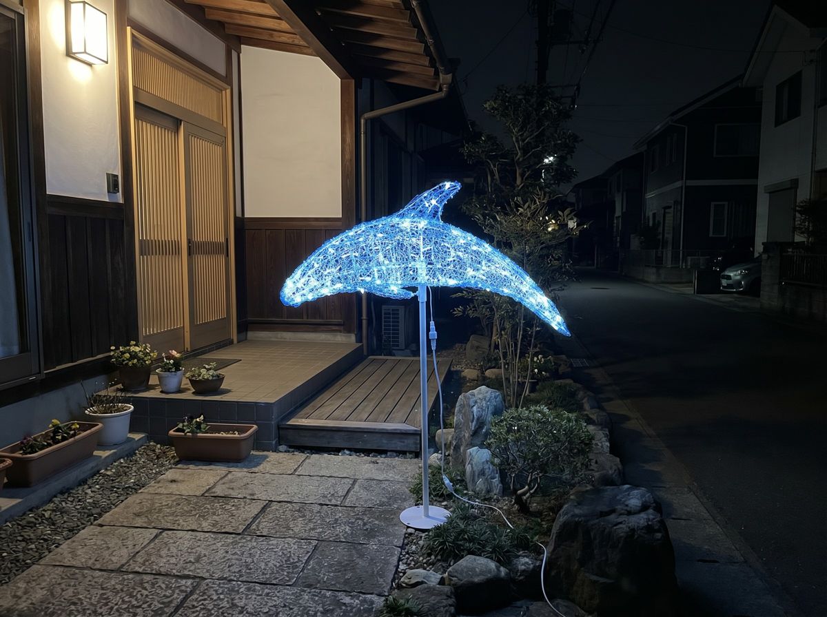イルカ 3Dモチーフライトを庭に設置したイメージ
