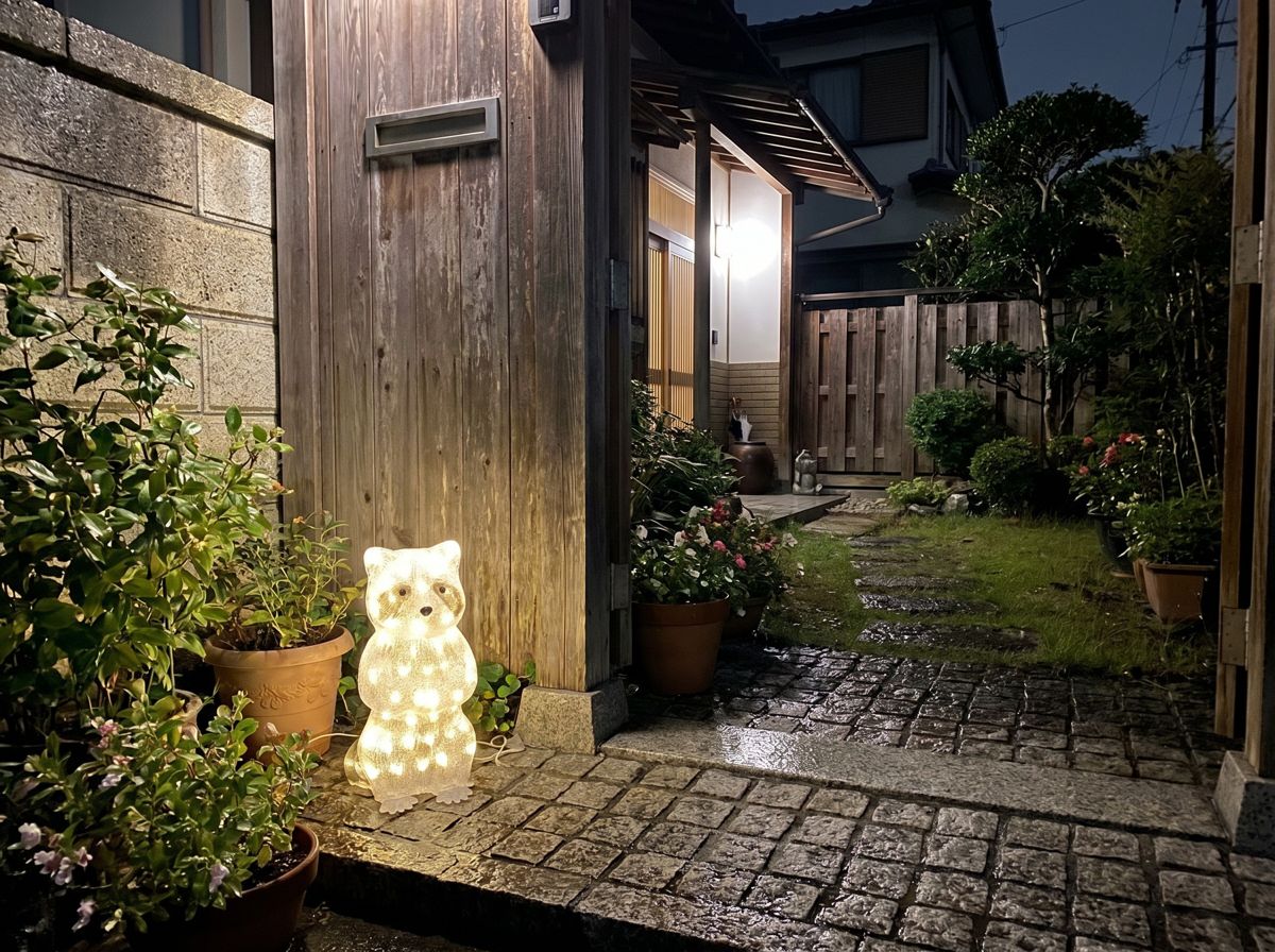 アライグマ 3Dモチーフライトを玄関先に設置したイメージ