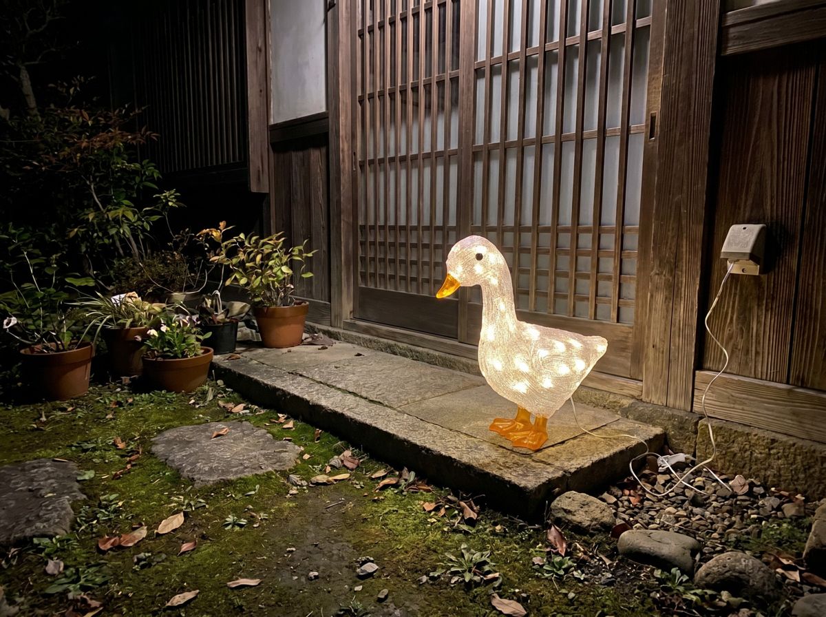 アヒル 3Dモチーフライトを庭先に設置したイメージ