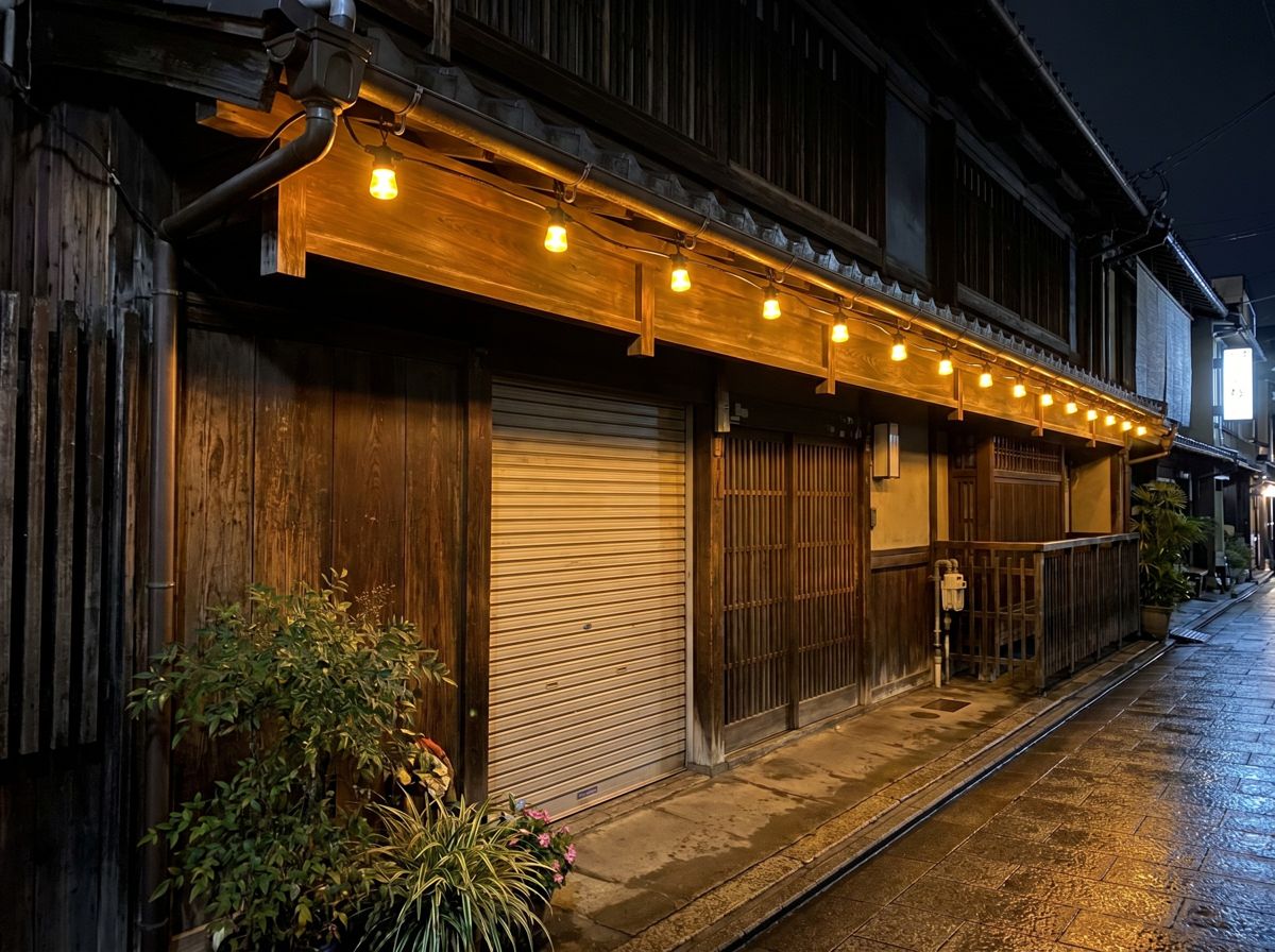 10球ベルトワイヤーを店舗の軒に沿って取り付けた設置イメージ