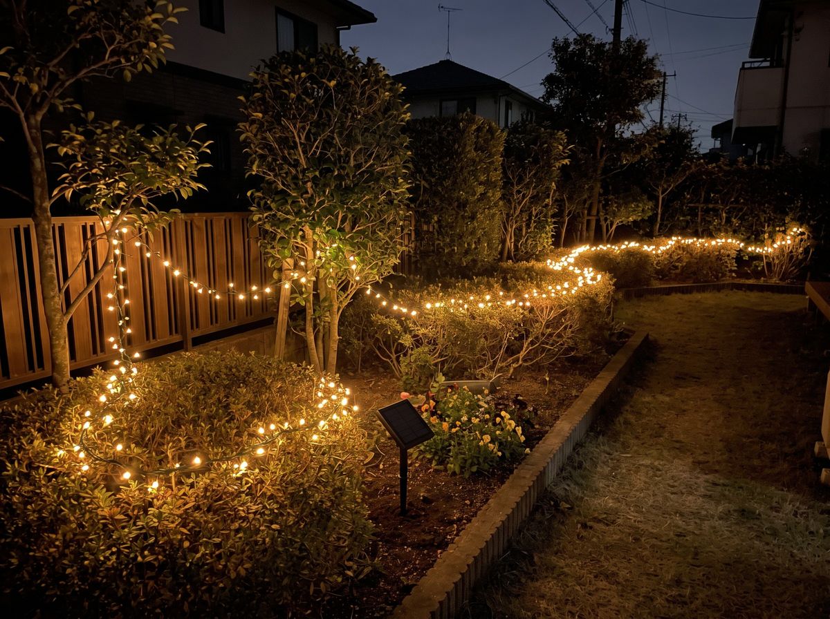 ハイブリッドソーラーライト300球(電球色)を住宅の庭の植栽に飾った設置イメージ
