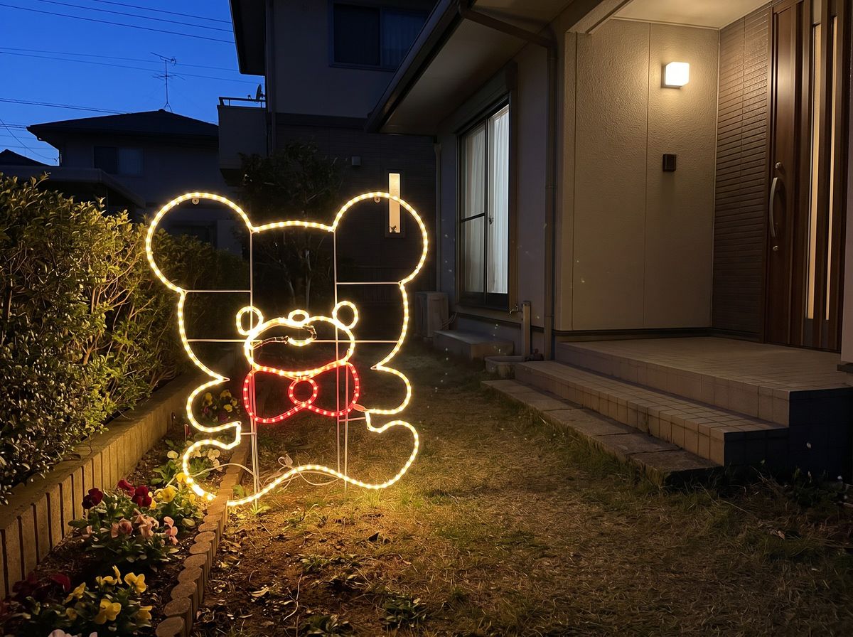 おめかしリボンベアのLEDチューブライトを住宅の庭先に設置したイメージ