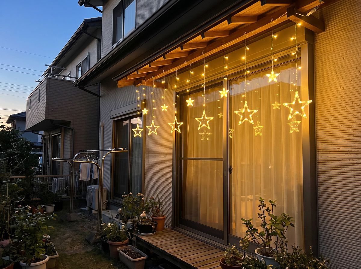 スターつららライト 115球 ゴールドを住宅の軒先に飾った設置イメージ