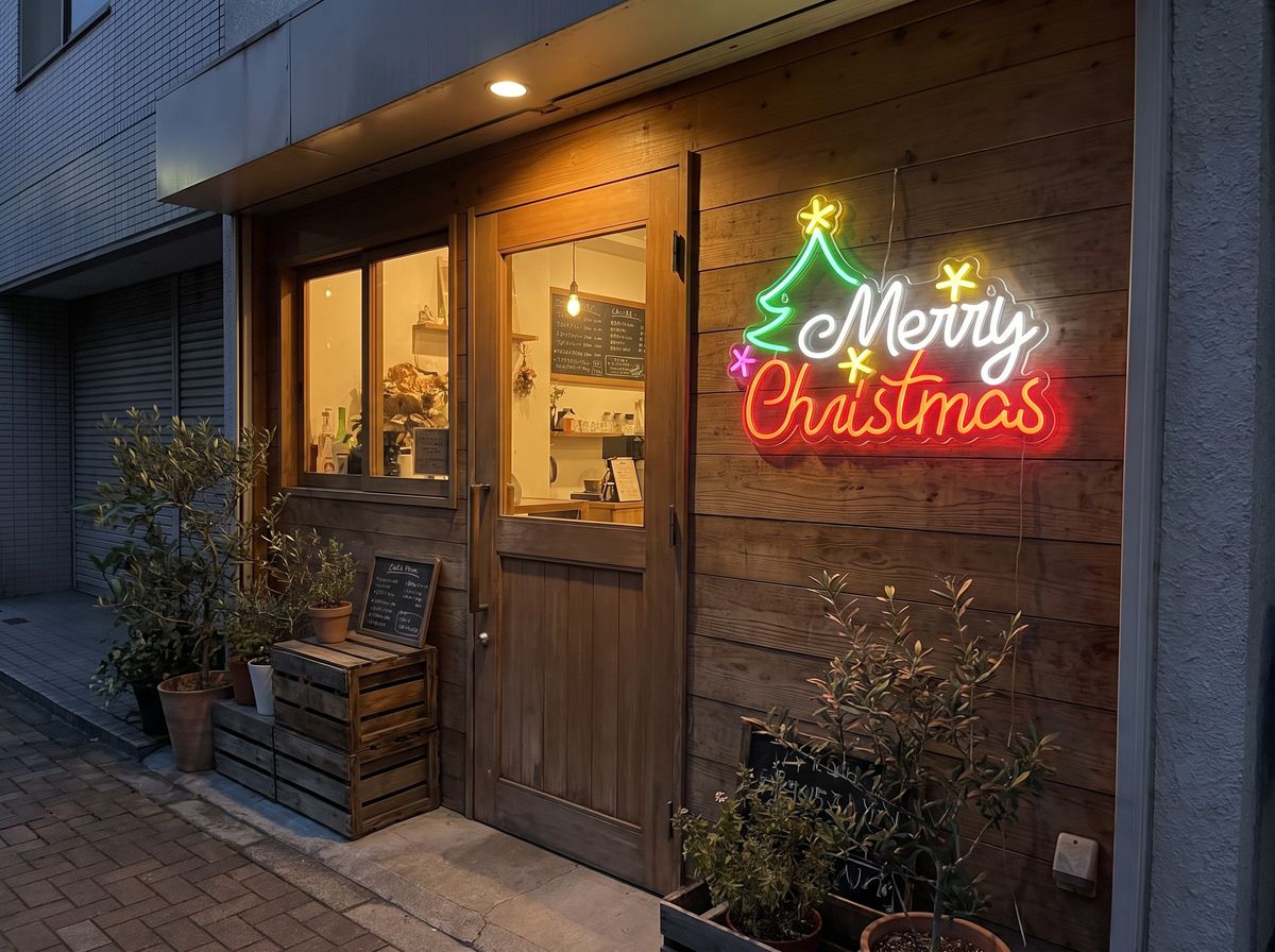 ネオンメリークリスマスを店先の軒下の壁面に設置したイメージ