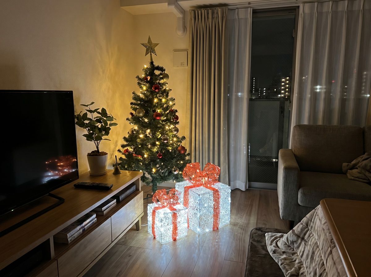 クリスマスツリー120cmとギフトボックスライトをリビングに飾ったイメージ