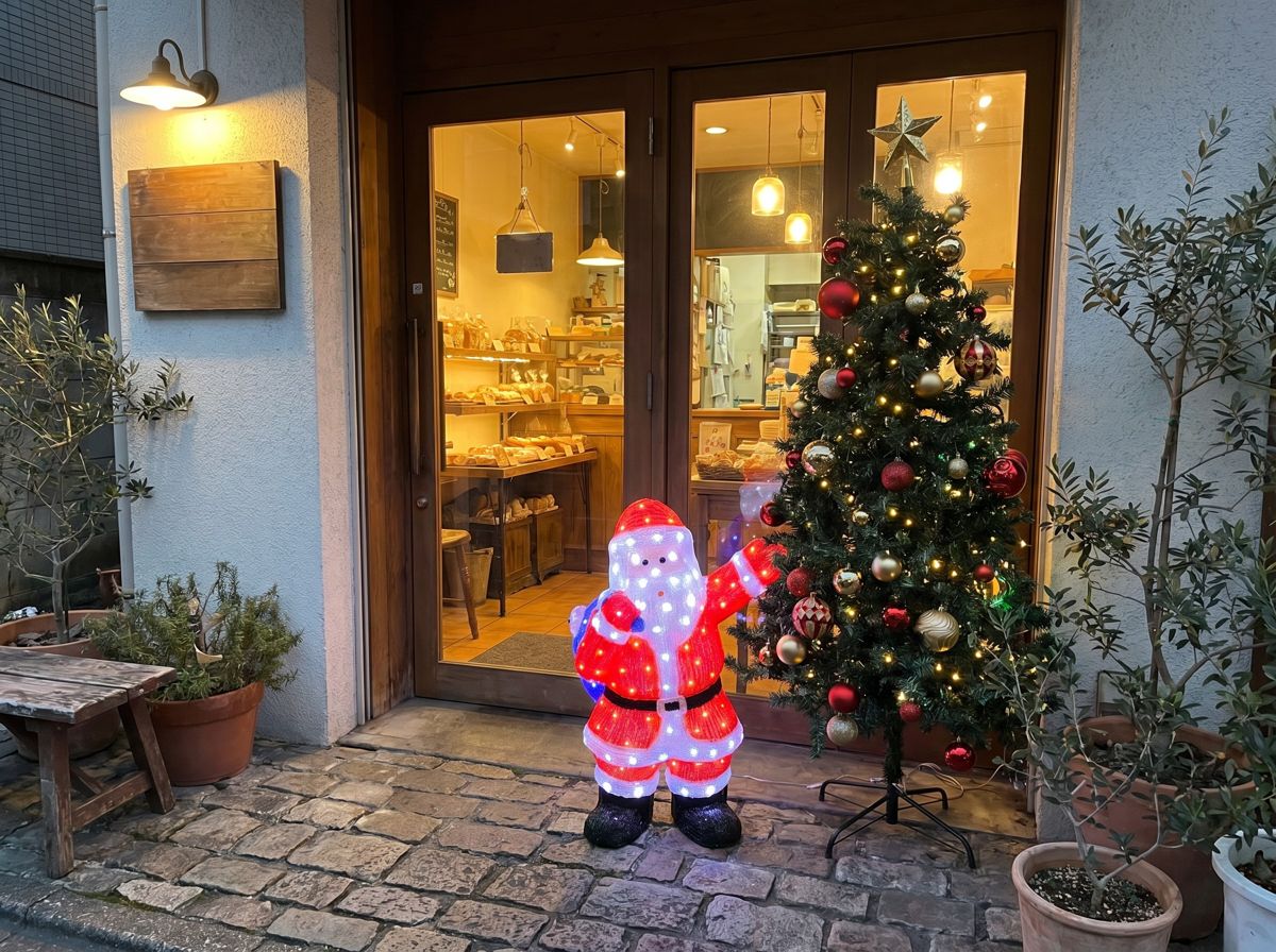 クリスマスツリー150cmとサンタライトを店先に飾ったイメージ
