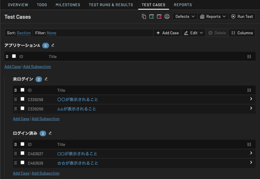 TestRail - Test Cases の例