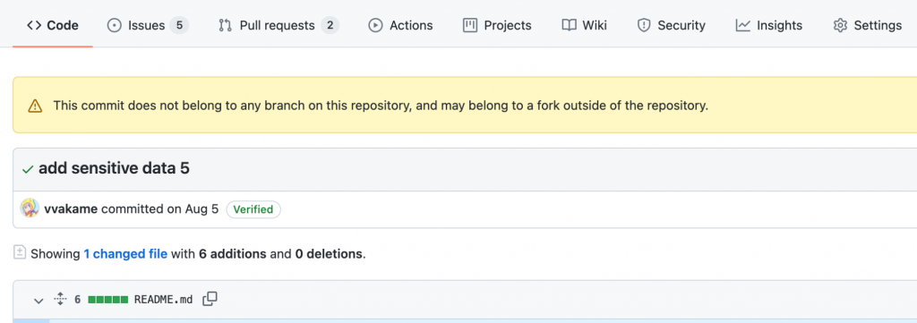 リポジトリ内のどこからも参照されないcommit SHAでもURLに直接アクセスすると参照できてしまう。黄色いラベルがでる。GCすると404になる。