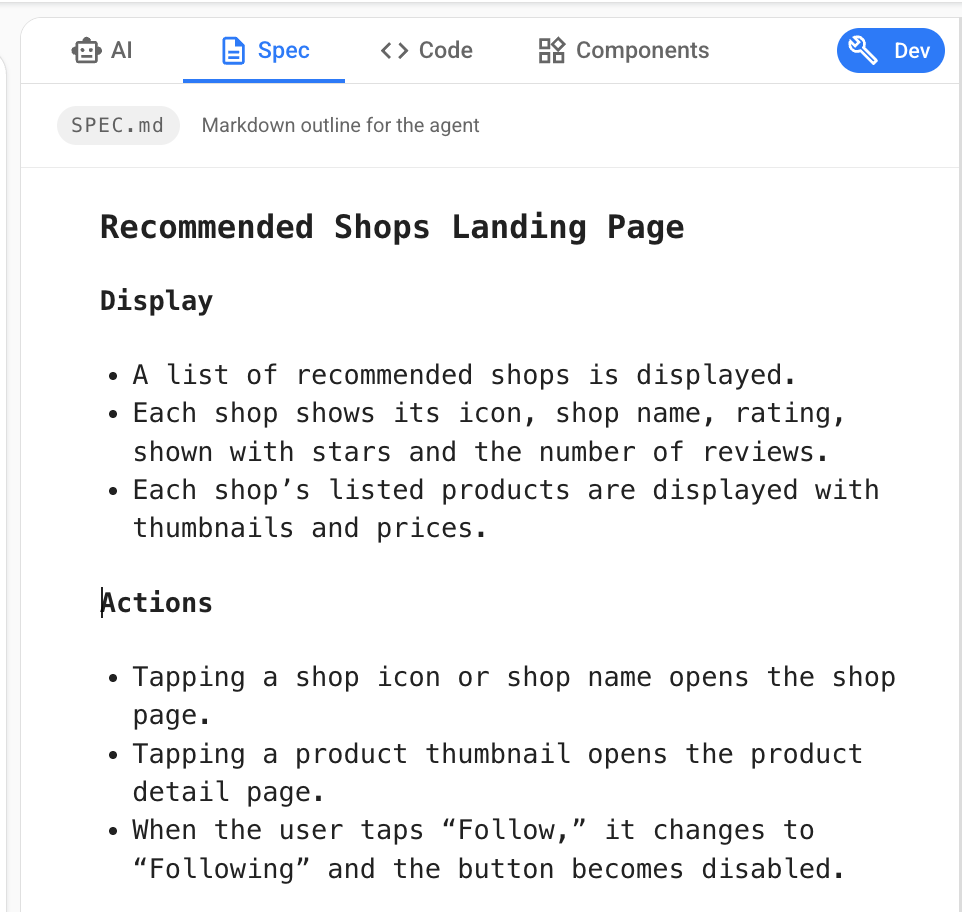 The Spec tab, where the LP's intended behavior is written in plain language