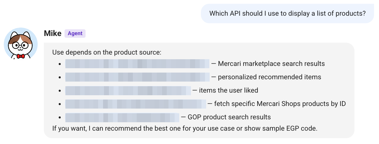 In response to "Which API should I use to display a list of products?", the agent surfaces candidate internal APIs along with what each one does (API names are masked)