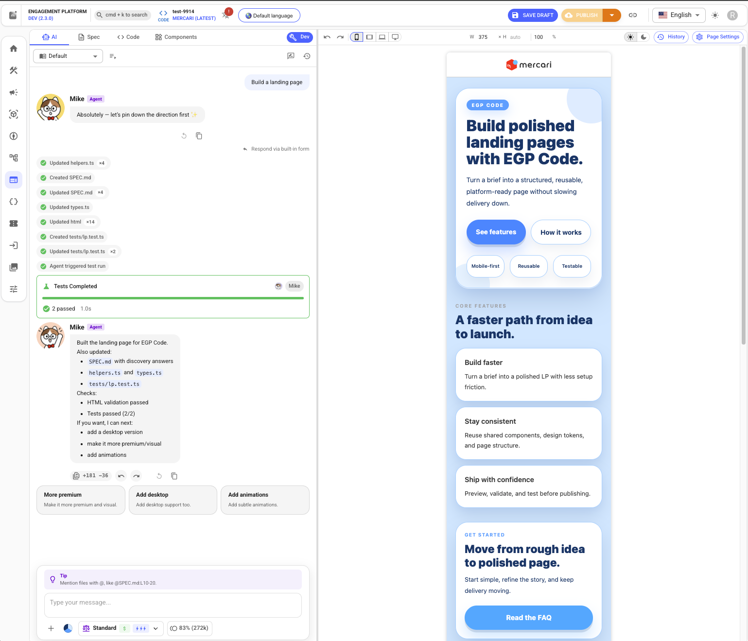A first-draft LP generated by the agent, with the generated HTML and passing tests shown in the chat and a live preview on the right