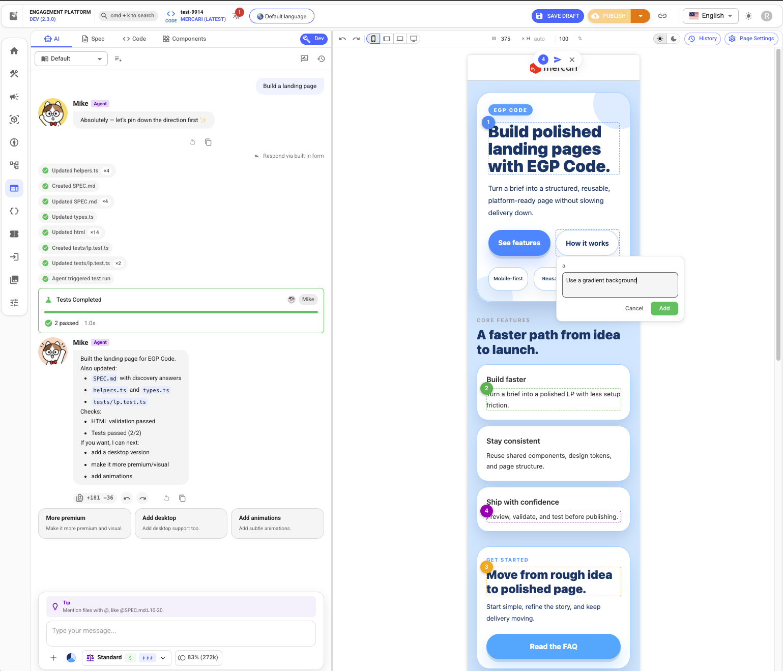 Selecting an element directly in the preview and instructing the agent, such as "make the font size bigger," without having to describe its location