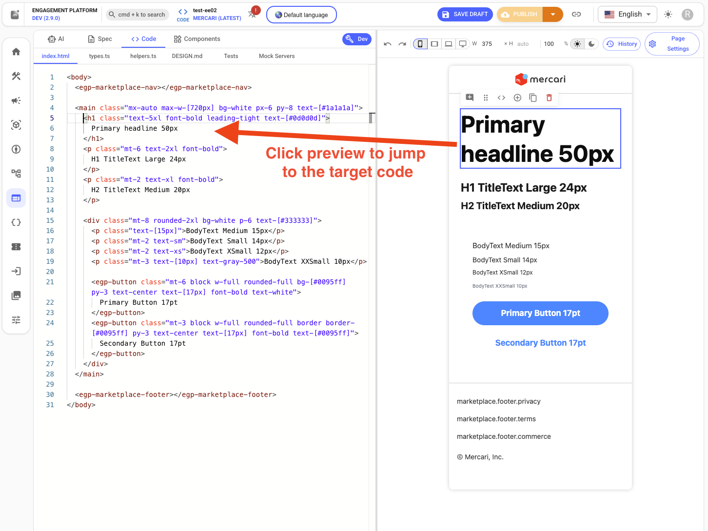 The EGP Code editor: a Monaco HTML editor on the left and a live preview on the right. Selecting a heading in the preview jumps to its corresponding line (the h1) in the HTML