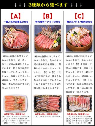 【楽天市場】48時間限定★ポイント5倍確定!\3箱で1箱タダ!?/6,990円OFFクーポンで総重量3kg送料無料13,980円!楽天ランキング4年連続1位!【刺身OK】カット生ずわい蟹【A】一番人気700g/総重量1kg【B】棒ポーション400g/総重量500g【C】特大爪/爪下/肩肉800g/総重量1.1kg かに カニ:越前かに職人甲羅組(DENSHOKU)のサムネイル画像 2枚目