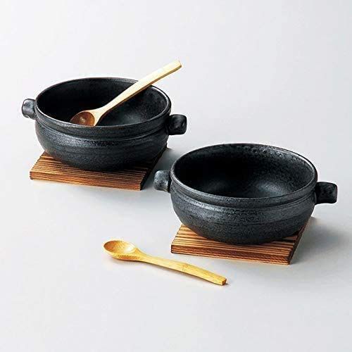スープグラタン皿 ペア 黒釉（敷板・スプーン付）の画像