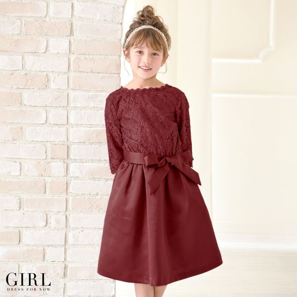 子供用リボンベルト付きレース&サテンフレア結婚式ワンピースドレスの画像